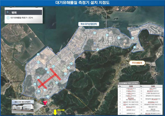 여수산단 대기유해물질 측정기 지점도(20곳). [사진=여수시의회]
