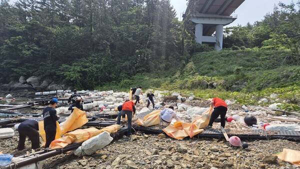 민간단체 등이 해양쓰레기를 수거하고 있다. [사진=전남도]