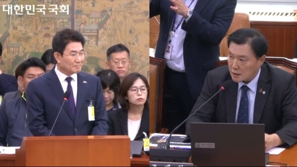 조계원(우) 의원이 증인으로 출석 시킨 노관규 순천시장과 질의 응답을 하고 있다. [사진=국회방송]