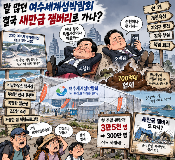 칼럼 - 말 많던 여수세계섬박람회, 결국 새만금 잼버리로 가나(삽화AI이미지제공)